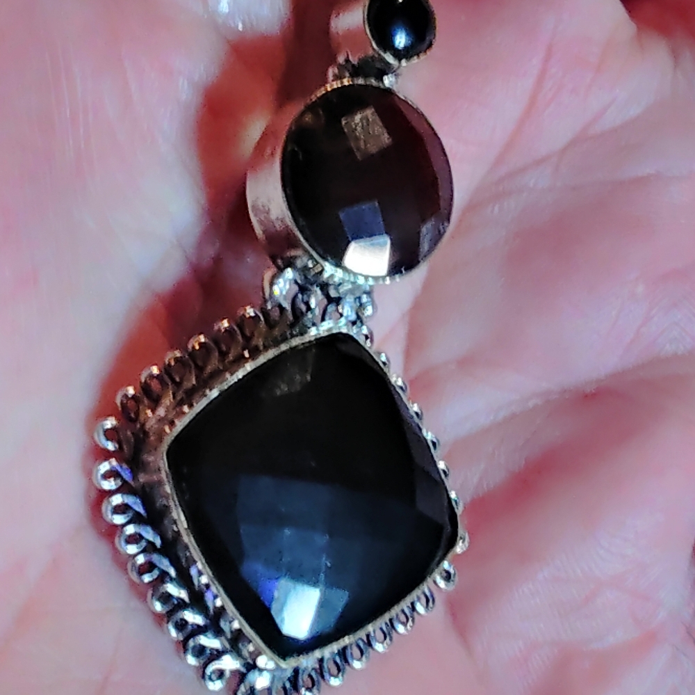 BLACK ONYX, UPPER- SMOKY QUARTZ, STERLING PENDANT. & 18"-22" STERLING CHAIN.